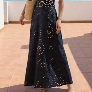 Flaxmaker Black Laser Cut Out Maxi Skirt Swimsuit Cover Up Perforated Floral OS